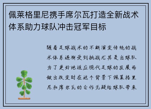 佩莱格里尼携手席尔瓦打造全新战术体系助力球队冲击冠军目标